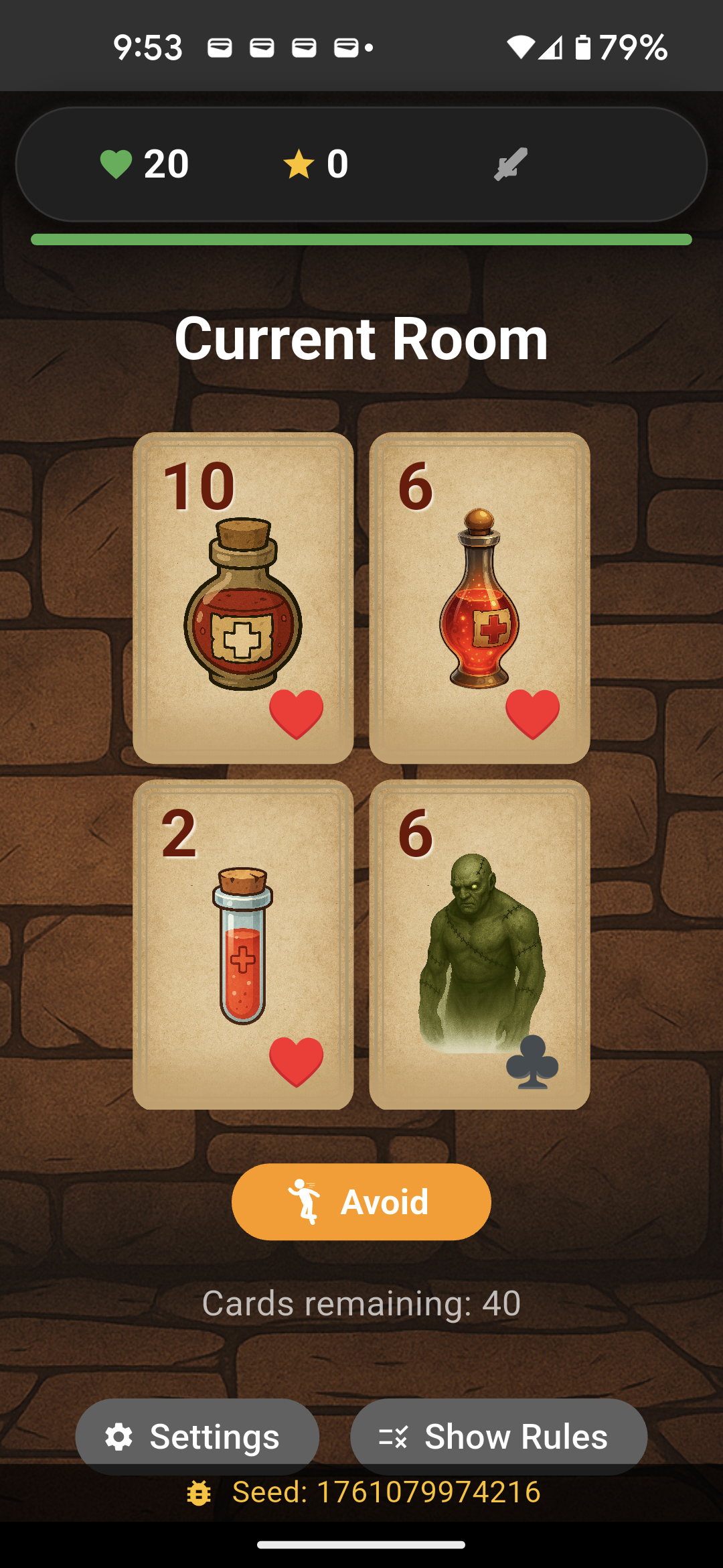 Scoundrel room of four cards in play