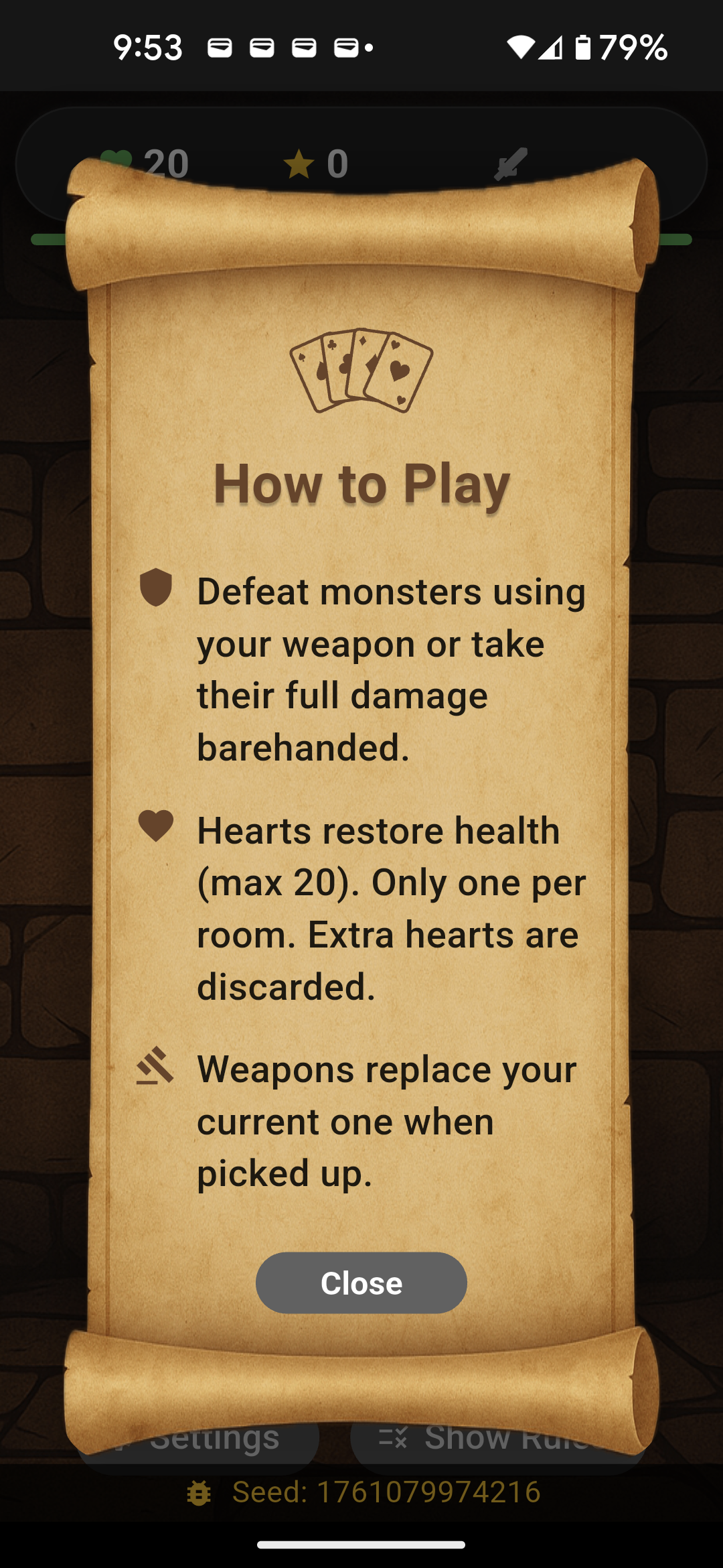 In-game tutorial explaining how to play Scoundrel