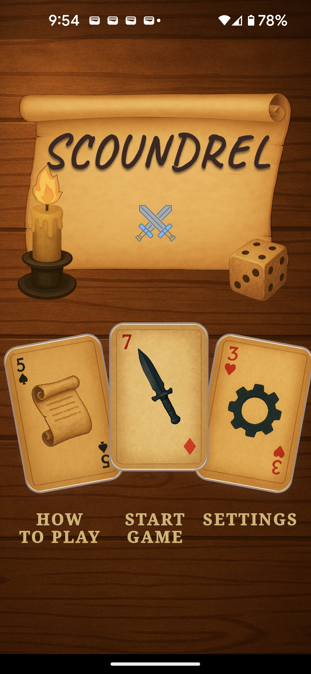 Scoundrel main menu showing the candlelit dungeon entrance