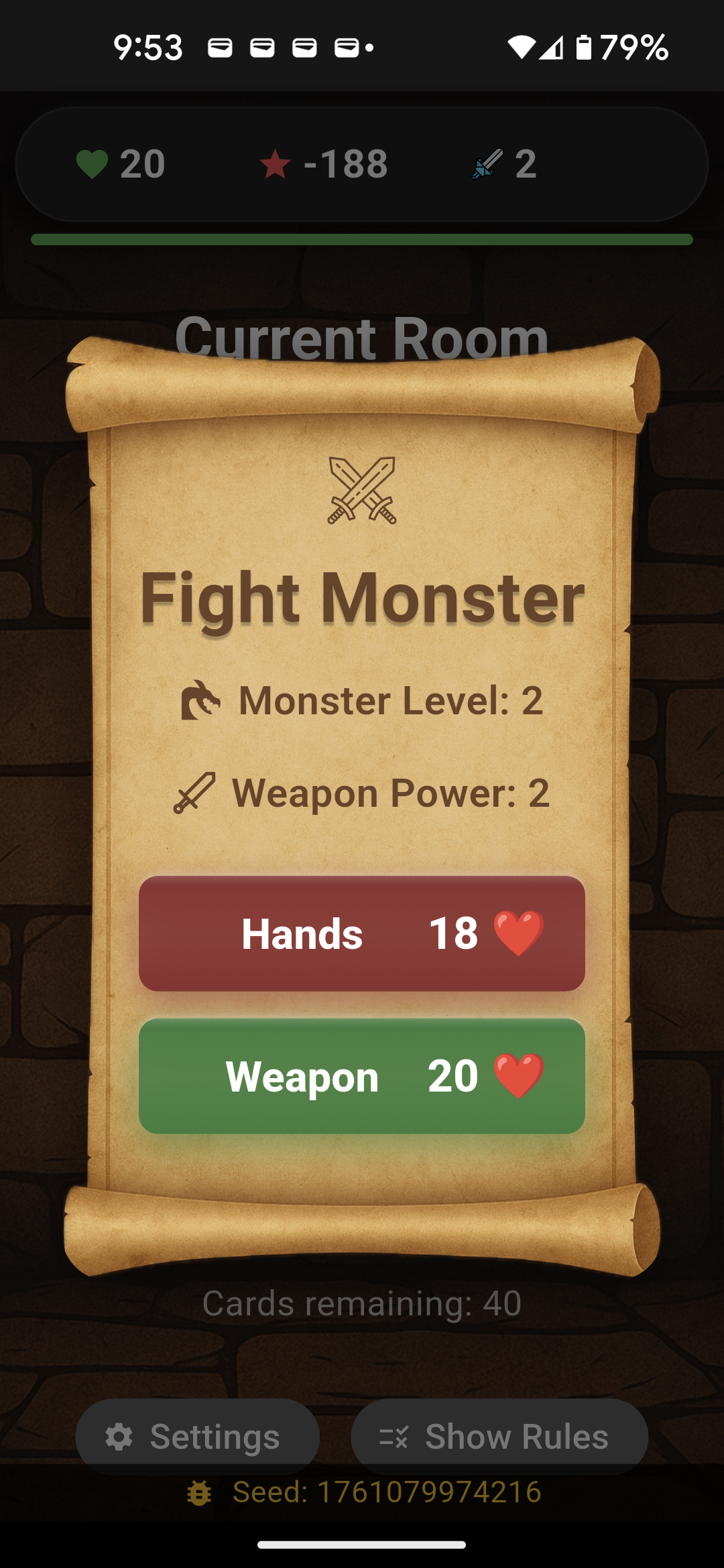 Combat dialog facing a monster card